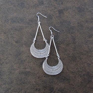 Etched silver earrings, long large earrings, unique earrings, ethnic earrings, boho chic earrings, bohemian earrings, statement earrings 