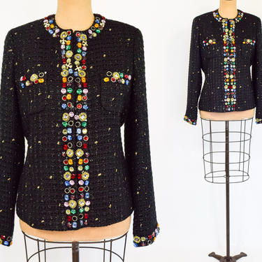 80s Black Jeweled Evening Sweater Jacket | Black Glitter Evening Sweater | BEREK | Medium 