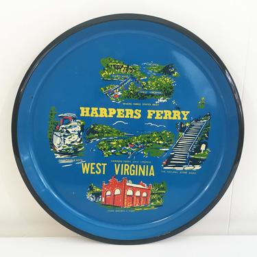 Vintage Plastic Harpers Ferry West Virginia Drink Tray Plate Souvenir Retro Round Mid-Century Barware Blue Black White Yellow 1960s Japan 