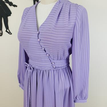 Vintage 1980's Lavender Day Dress  / 80s Purple Serbin Wrap Dress L 