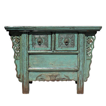 Chinese Vintage 2 Drawers Carving Distressed Gray Blue Side Table Cabinet cs5174E 