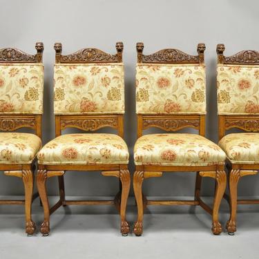 Set of 4 Antique Carved Oak Victorian Lion Head Renaissance Revival Dining Chair