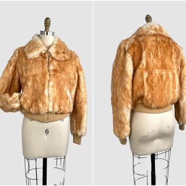 FUR REAL Vintage 70s Lil Birds of California Jacket | 1970s Honey Rabbit Fur Bomber with Ribbed Cuffs | Disco, Glam Rock, Boho | Size Medium 