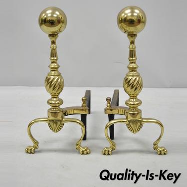 Pair of Vintage Brass Cannonball Finial Paw Feet Federal Style Andirons