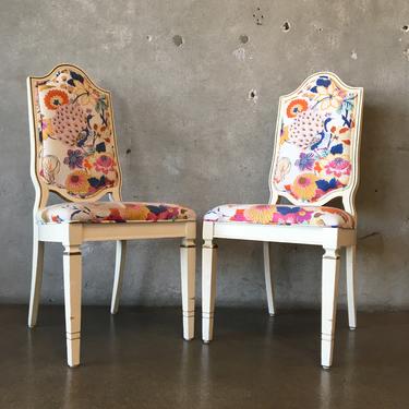 Pair of Vintage White Queen Anne Chairs with Peacock Print