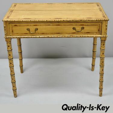 19th C. English Victorian Pine Faux Bamboo Yellow Painted Small Desk Side Table