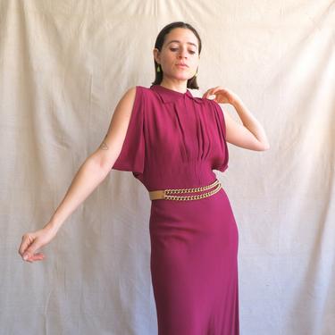 Vintage 30s Raspberry Cold Shoulder Rayon Gown/ 1930s Purple Pink Bias Cut Keyhole Dress/ Size XS Small 