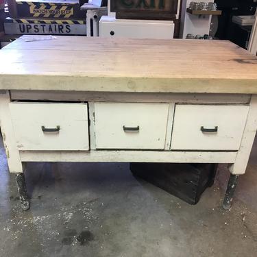 Large rustic work bench 60L x 42H x 36W.  3" thick maple butcher block top. Would make a great island.