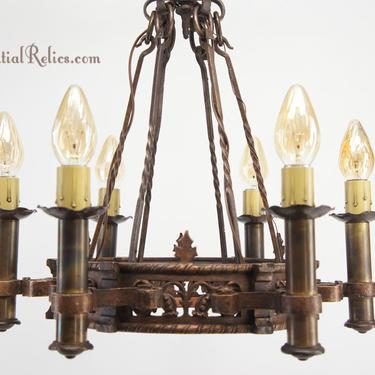 Cast copper and brass 6-candle Tudor chandelier, circa 1910s