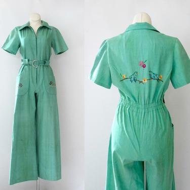 LADY BIRD Vintage 70s Cotton Jumpsuit | 1970s Songbird and Floral Hand Embroidered Green Coveralls Overalls | Workwear, Boho | Size X Small 