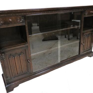 Wooden Bookcase | Vintage English Carved Dark Oak Bookcase With Sliding Glass Doors 