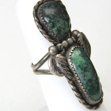 Vintage Long Sterling SIlver &amp; Double Malachite Stone Ring Size 7 Southwestern 