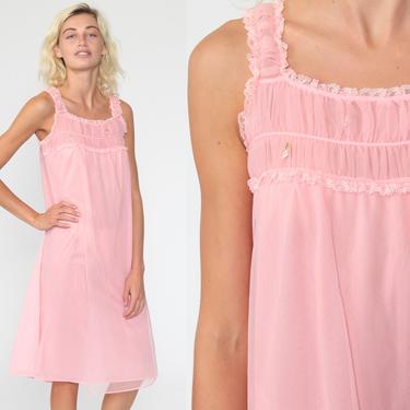 Pink Nightgown Lingerie Slip Dress 70s Babydoll Midi Pastel Pink Nightie Tent Trapeze Filmy Chiffon Nylon Boho 1970s Vintage Small s 
