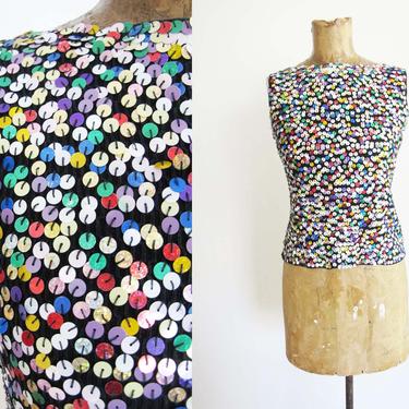 Vintage 2000s Sequin Tank Top Small - Colorful Confetti Sequin Black Ribbed Sleeveless Shirt - Y2k Clothing - New Years Eve Shirt - Bateau 