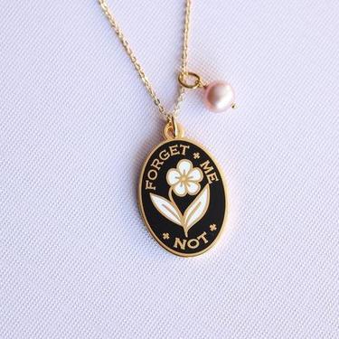Forget Me Not Necklace - Black // Charm, Victorian Token, Flower, Lavender Pearl, Cloisonn Hard Enamel 