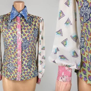 VINTAGE 70s does 40s Cold Rayon Novelty Print Blouse | 1970s Mixed Media Top | 1940s Retro Style Button Up Shirt | Get Off My Back Talbott 