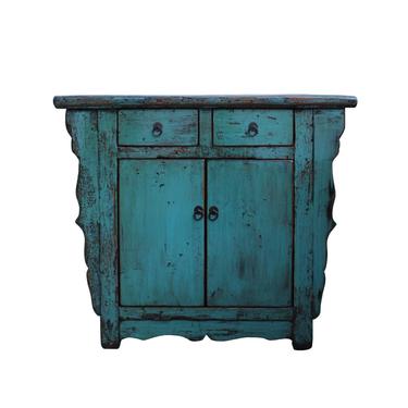 Distressed Pastel Teal Blue Lacquer Mid Size Credenza Table Cabinet cs5339S