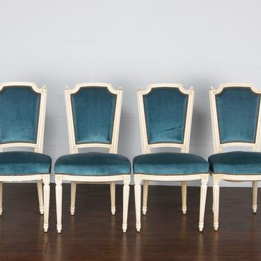 Antique Set of 4 French Louis XVI Style Painted Provincial White Dining Chairs 