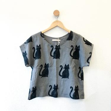 Boxy Top with Cats Block Print