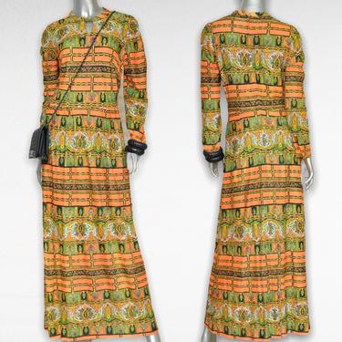 Vintage Orange and Black Printed 70’s Maxi Dress Boho Long Dress 