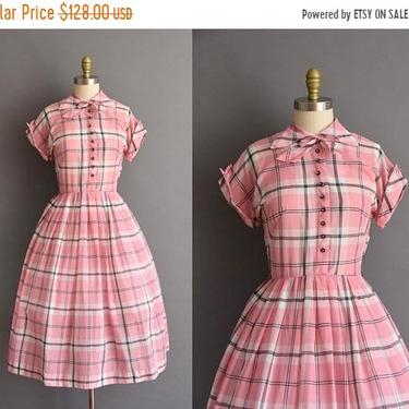 25% OFF BIRTHDAY SALE... vintage 1950s pink cotton plaid full skirt shirt dress vintage 50s Small cotton full skirt pink plaid day dress 