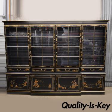 Large George III Style Chinoiserie Decorated Black Japanned Breakfront Bookcase