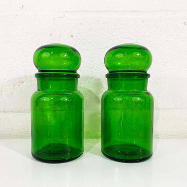 Vintage Green Glass Apothecary Jar Set of 2 Jars Pair Made in Belgium Stasher Covered Candy Dish Lidded Box Trinket Holder Vanity Storage 