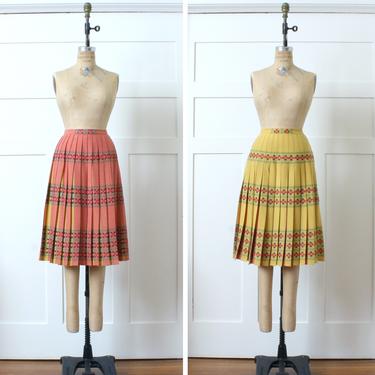vintage 1950s reversible wool skirt • pleated rare pink &amp; yellow Highland Plaid tartan midi skirt 