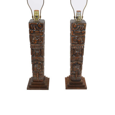 Tiki Lamps Pair of Hand Carved Tiki Lamps Mid Century Modern 