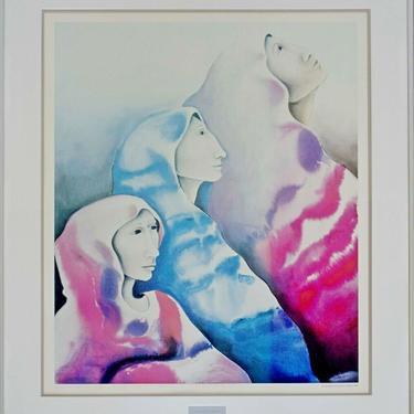 Contemporary Modern Framed Lithograph Signed Nora Patrich Veiled Woman 1980s 