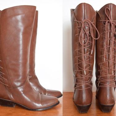 vintage 80s boots brown leather tall lace up flat equestrian riding boots 7.5 