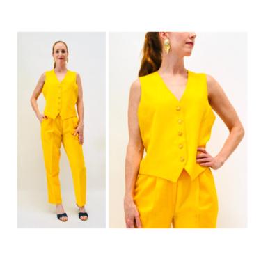 80s 90s Vintage Yellow Suit Yellow Pants and Yellow Vest Medium Yellow High waisted Pleated Pants // Vintage 80s 90s Yellow Pantsuit Suit 