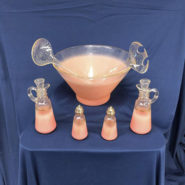 Vintage Blendo Glassware Retro 1950s Blendo 7 Piece Set + Coral + Pink + Glass Bowl + Oil Vinegar Shakers Mid Century MCM Kitchen Home Decor 