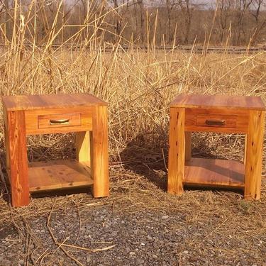 Heart Pine Parsons Style End Tables with Drawer, Shelf and Vintage Pulls 