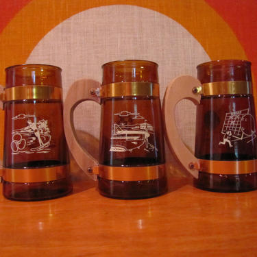 Vintage Siesta Ware Glasses, Set of 3, Rootbeer Glasses / Beer Glasses, Amber Colored with Wood Handles, Three Sports Hobby Design 