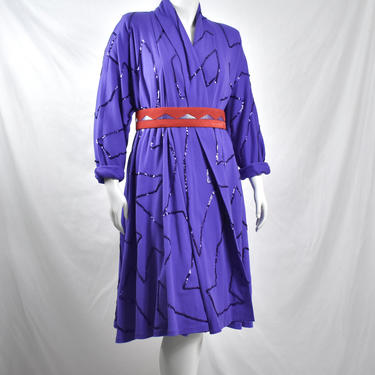 Plus Size Vintage - Incredible 80s/90s Purple Duster (Dress) with Geometric Keith Haring Inspired Sequin Pattern 