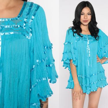 Boho Blouse ANGEL SLEEVE Top Mexican Shirt Crochet Sheer Cotton Gauze Tunic Turquoise Lace Hippie Shirt Tent Bohemian Small Medium 