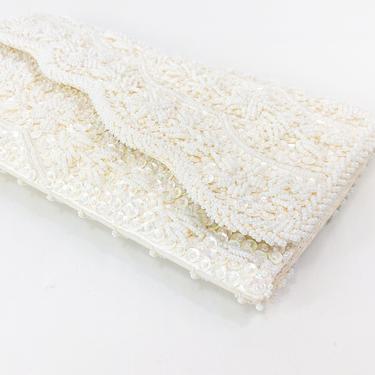 1950s White Beaded Sequin Clutch | 50s Creme Leaf Beaded Clutch | Le Regale 