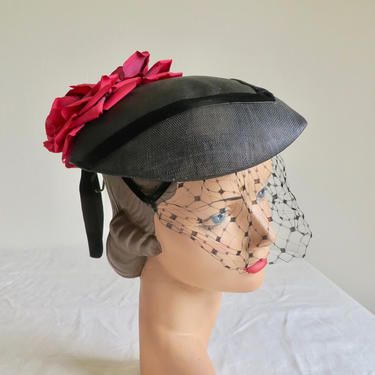 Vintage 1950's Black Straw Hat with Pink Red Rose Velvet Trim Veil Veola New York 50's Millinery 