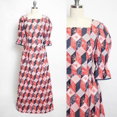 1970s Maxi Dress Geometric Patchwork Cotton S / M 