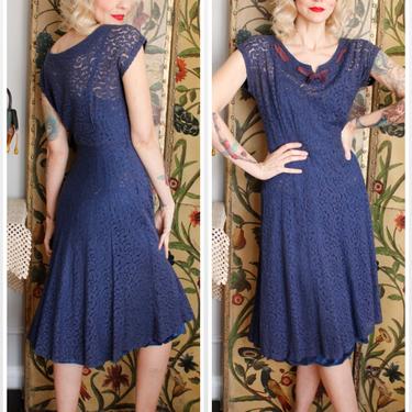 1940s Dress // Blue Cotton Lace Dress // vintage 40s dress 