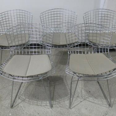SET OF FIVE BERTOIA WIRE SIDE CHAIRS w/ PADS by KNOLL satin chrome mid century