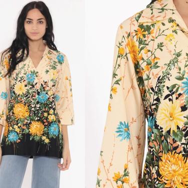 Yellow Floral Blouse 70s Boho Top V Neck Shirt Bohemian Long Sleeve Tunic Summer Print 1970s Vintage Boho Hippie Medium Large 
