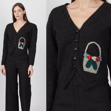 80s Susan Bristol Novelty Flower Basket Cropped Cardigan - Small to Medium | Vintage Boho Wool Knit Button Up Puff Sleeve Folk Sweater 