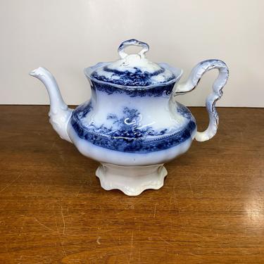 Antique New Wharf Pottery Plymouth Flow Blue Teapot Transferware RARE 