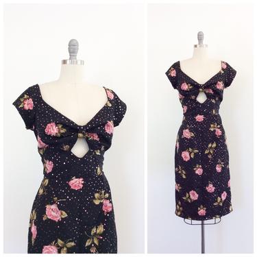 50s Repro Sparkling Rose Print Dress / 1950s Inspired Vintage Wiggle Bombshell Cut Out Dress / Medium / Size 10 