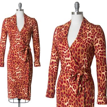 Vintage 1990s Dress | 90s DIANE VON FURSTENBERG Leopard Print Silk Jersey Knit Red Animal Print Wrap Dress (small/medium) 