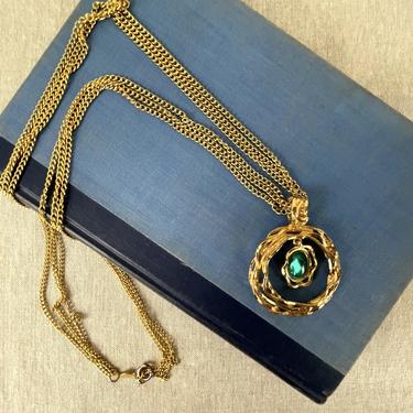 Freirich gold and green circular pendant - 1970s vintage costume jewelry 