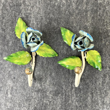 Italian tole wall floral wall hooks - a pair - 1960s vintage 