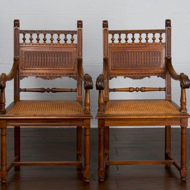 Late 19th Century Pair of French Provincial Henry II Hunting Renaissance Carved Walnut and Cane Armchairs 